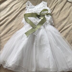 Wedding Flower Girl White and Green Kids Dress